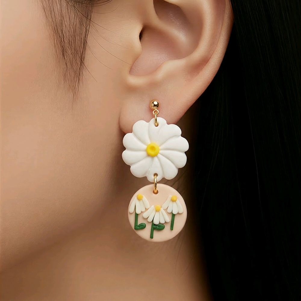 White Daisy Drop Earrings Polymer Clay Flower Dangle Spring Garden Jewelry Boho